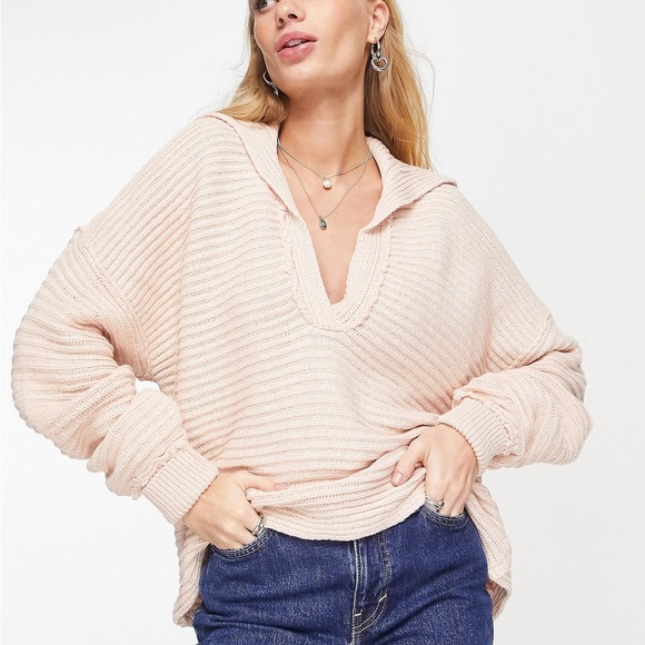 Free People Other - Free People Marlie deep v ribbed sweater in pink women’s XS collared knit top